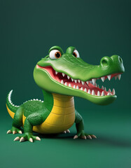 Fototapeta premium A 3D cartoon crocodile with a wide mouth and sharp teeth on a dark green background.