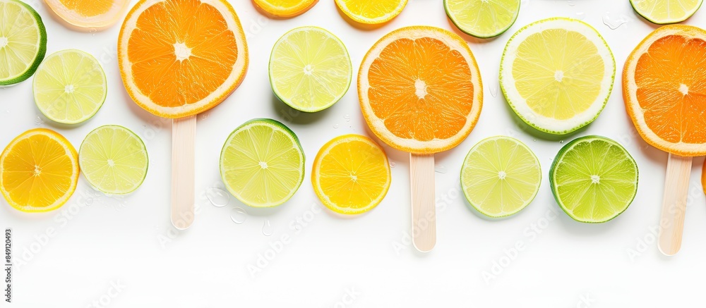 Poster flat lay style of handmade ice cream with lime and orange fruit on white background. creative banner
