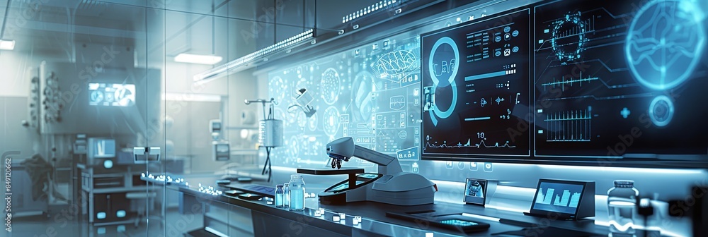 Leinwandbilder A futuristic medical laboratory equipped with high-tech AI diagnostic tools, including a large screen displaying patient data and a robotic scanner. Generative AI