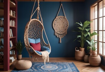 interior design style- reading nook with a hanging rattan chair, cozy floor pouf, and a macrame wall hanging