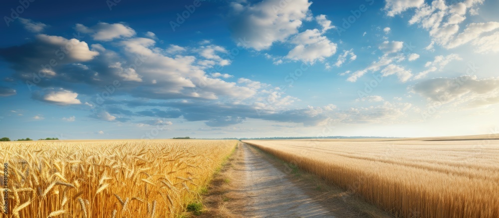 Aufkleber Empty countryside road through fields with wheat. Creative banner. Copyspace image