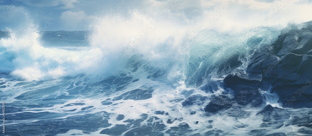 Poster waves crashing on the rocks. creative banner. copyspace image