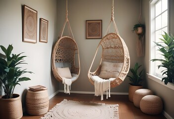 interior design style- reading nook with a hanging rattan chair, cozy floor pouf, and a macrame wall hanging