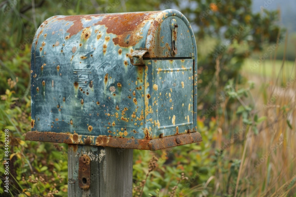 Poster a rusted mailbox with a green top sits in a field