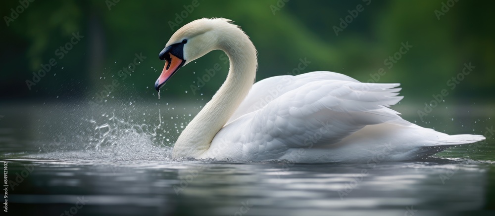 Poster a white majestic swan floats in front of a wave of water young swan in the middle of the water drops
