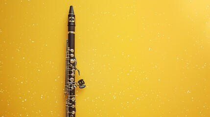 Clarinet: A sleek black clarinet set against a yellow background, with tiny white stars twinkling around it
