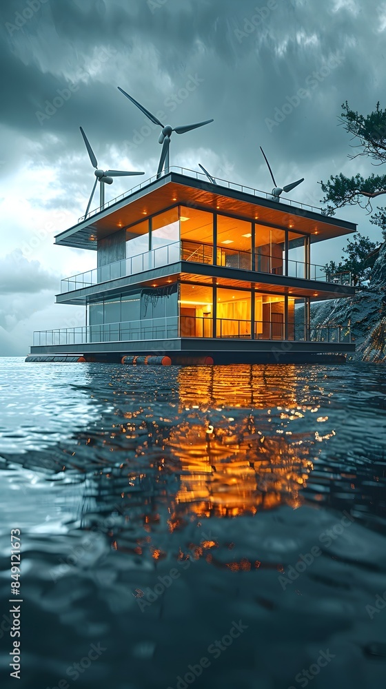 Poster floating microgrid with wind turbines generating green renewable energy on illuminated aquatic