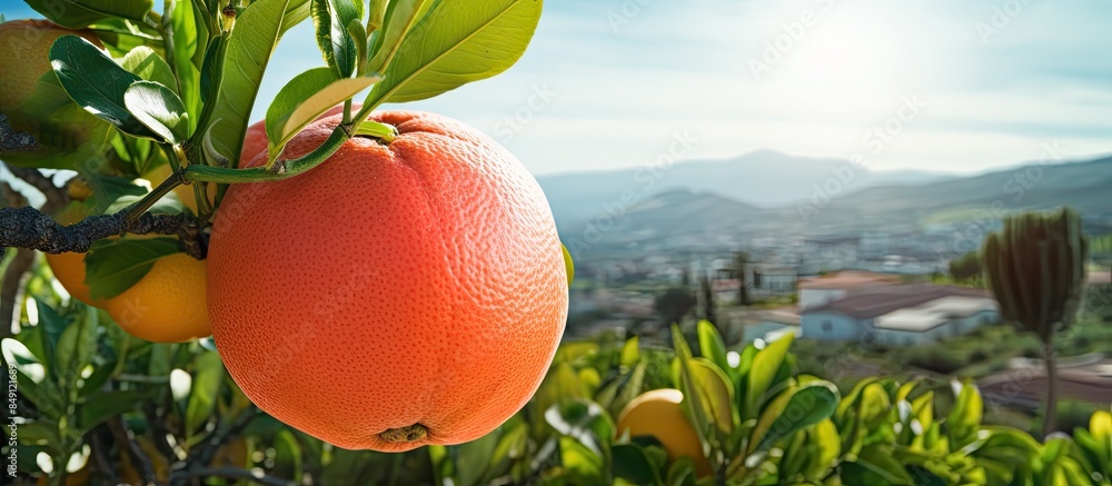 Poster beautiful fresh grapefruit in the garden. creative banner. copyspace image