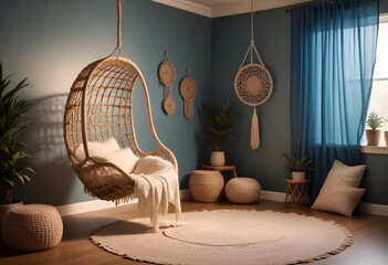 interior design style- reading nook with a hanging rattan chair, cozy floor pouf, and a macrame wall hanging