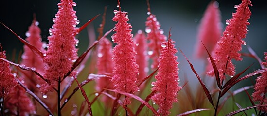 Red grass flowers with green leaves in the late rainy early winter rain. Creative banner. Copyspace image