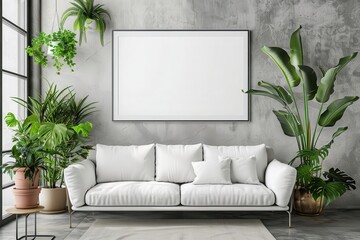 stylish modern apartment living room interior white sofa and potted plants framed poster mockup 3d rendering