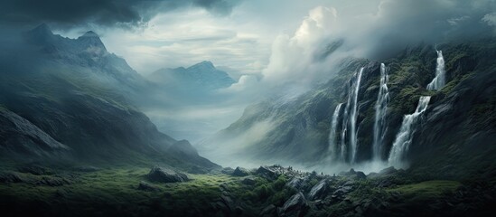 Fototapeta premium Waterfall flowing from a mountain with a cloudy sky as background. Creative banner. Copyspace image