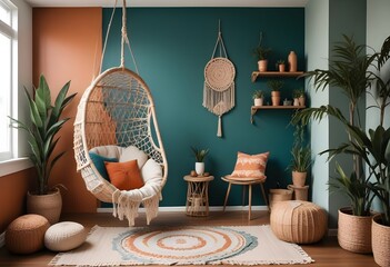 interior design style- reading nook with a hanging rattan chair, cozy floor pouf, and a macrame wall hanging