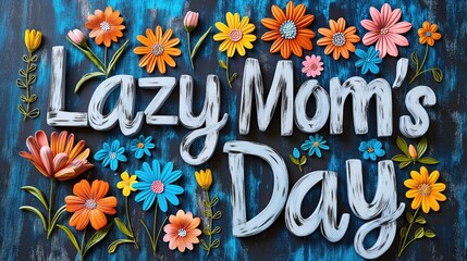 Colorful Floral Design Celebrating Lazy Mom's Day on Rustic Dark Wood Background.