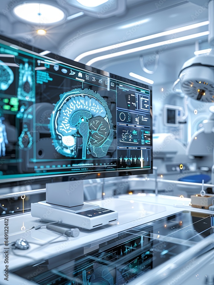 Poster A modern medical laboratory with high-tech AI-powered diagnostic tools analyzing patient data on a large screen. Generative AI
