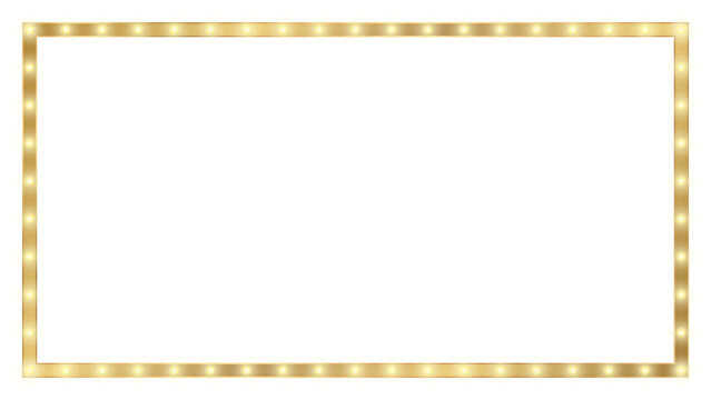 Gold retro light box frame border with 15:8 aspect ratio, for 16:9 work project, web, presentation, thumbnail, cut out, isolated.