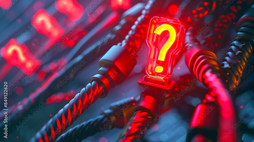 Poster glowing red question mark on cables and circuits in a dark scene. conceptual abstract image with mod
