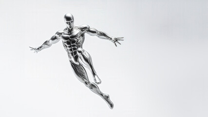 Futuristic silver humanoid robot in dynamic pose, showcasing advanced technology and sleek design on a plain background.