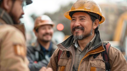 Engineer in a hard hat discussing project details with a construction crew, cranes in the background.