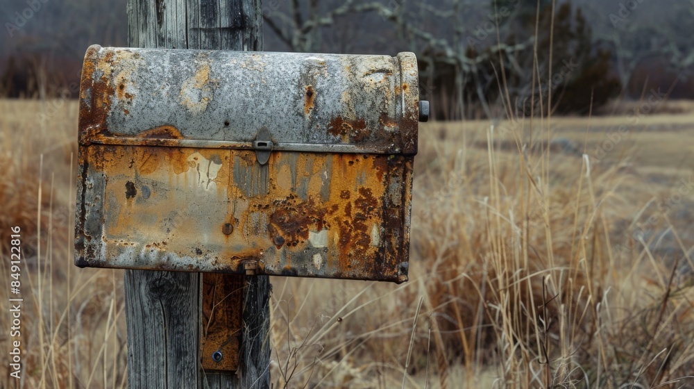 Poster a rusty mailbox is sitting on a post in a field