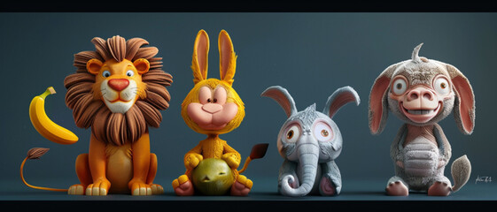  a cutout set of cartoon 3D-like animal characters happily standing as toys or children movie...