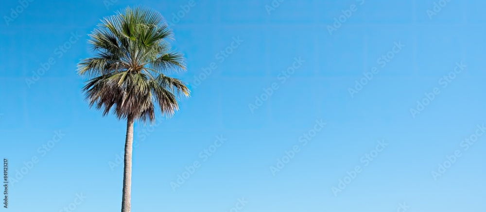Aufkleber view of a green palm tree against the blue sky. creative banner. copyspace image