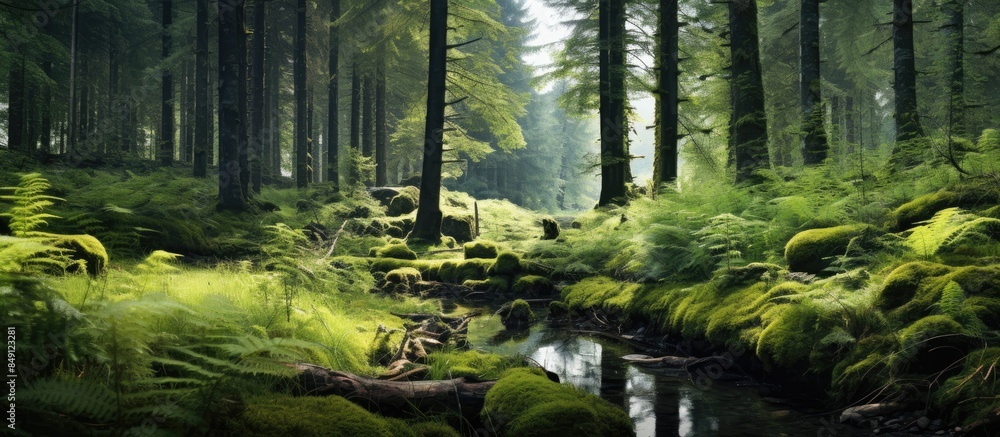 Canvas Prints ferns and old trees in a dense forest. creative banner. copyspace image