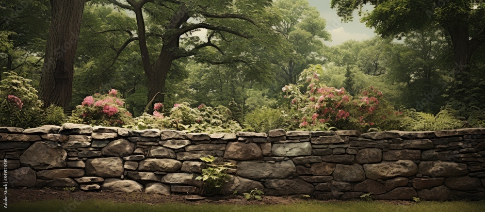 Poster stone s withe trees background in natural texture at garden. creative banner. copyspace image