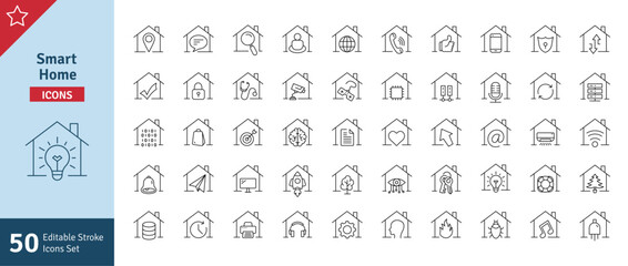 Smart Home Line Editable Stroke Icon Set. Secure, Technology, Internet, Voice Assistant, Controller, Air Conditioning and more. UI Icon Set in a Flat Design. Outline Icons Vector Illustration.