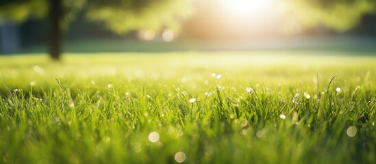 Green grass refreshment in morning sun light. Creative banner. Copyspace image