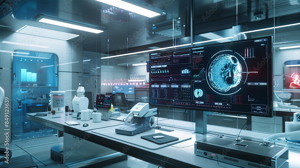 Aufkleber a sterile, modern medical laboratory featuring a large screen displaying patient data analyzed by ai