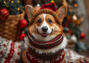 Christmas Corgi Dog with Santa Hat on Festive Christmas Background