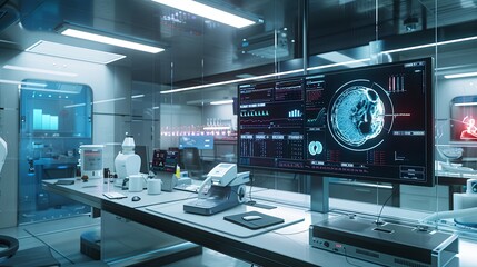A sterile, modern medical laboratory featuring a large screen displaying patient data analyzed by AI-powered diagnostic tools. Generative AI