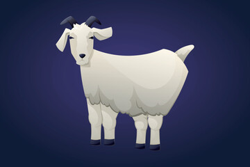 White domestic or wild goat with horns. Vector isolated cartoon illustration of farm animal.