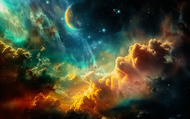 Obraz premium Creative fantasy of beautiful galaxy in green orange tones with planet and stars.