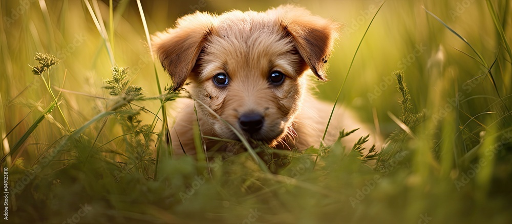 Poster portrait of a small puppy in the grass in nature. creative banner. copyspace image