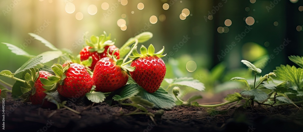 Aufkleber strawberry still on the trees and the background is blurred. creative banner. copyspace image