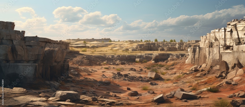 Poster old abandoned quarry in the steppe. creative banner. copyspace image