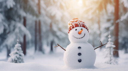 Obraz premium Snowman in winter landscape against bokeh forest background.
