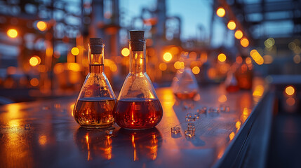 Glass bottles filled with amber liquid illuminated by warm, glowing bokeh lights in a dimly lit laboratory. Concept of science, chemistry, and experimentation.