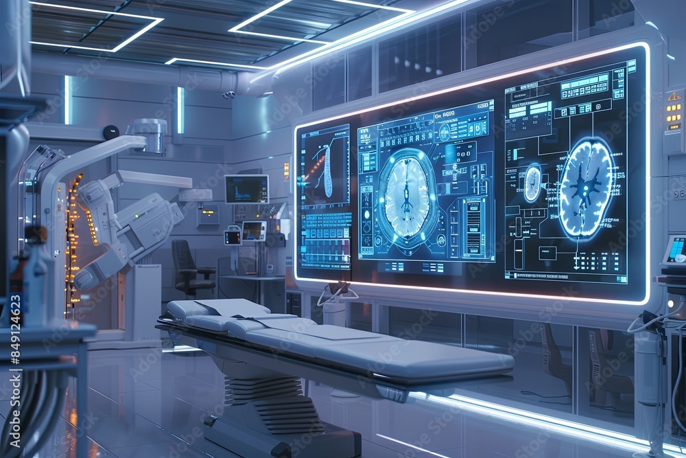Poster a futuristic medical laboratory with a large screen displaying brain scans and other diagnostic info