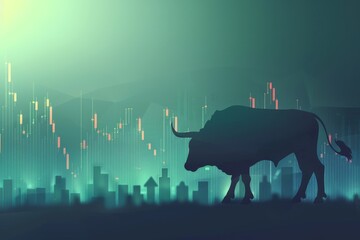 Financial Market Growth Concept: Bull Silhouette and Chart