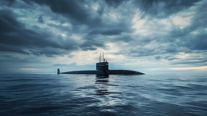 Obraz premium Submarine Emerging Ocean Stormy Sky Naval Vessel Military Stealth Technology Sea