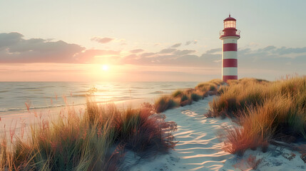 Red lighthouse near the North Sea coast