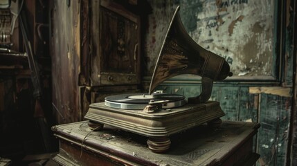 An old record player sits on a wooden table