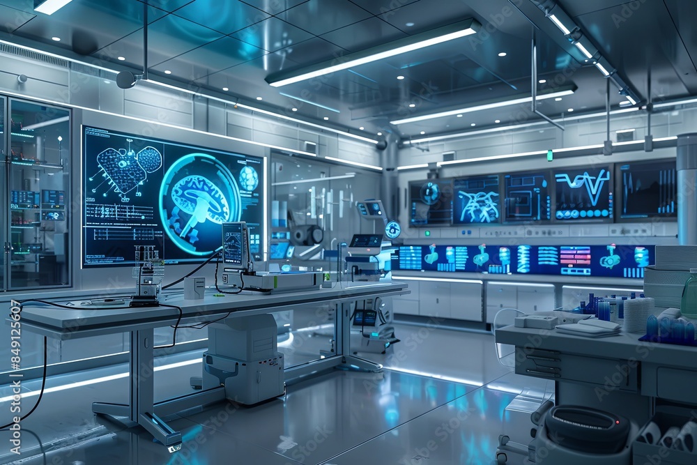 Poster a modern medical laboratory with ai-powered diagnostic tools, including a large screen displaying pa