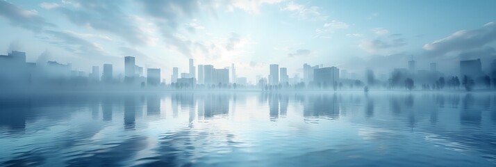 Fototapeta premium abstract background, foggy, halftone dots, digital art style, cityscape, water in foreground, clouds in sky, light blue color palette,