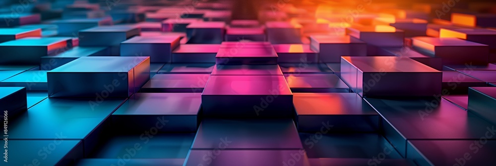 Poster abstract background with dark blue, purple and orange gradient color blocks arranged in an artistic pattern.