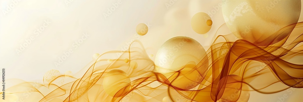 Poster abstract background with golden circles and geometric shapes on a light beige, blending into the fog