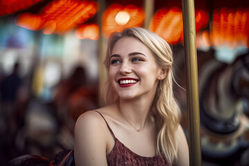 Fototapeta premium A woman with blonde hair and red lipstick is smiling at the camera. She is wearing a red tank top and a necklace